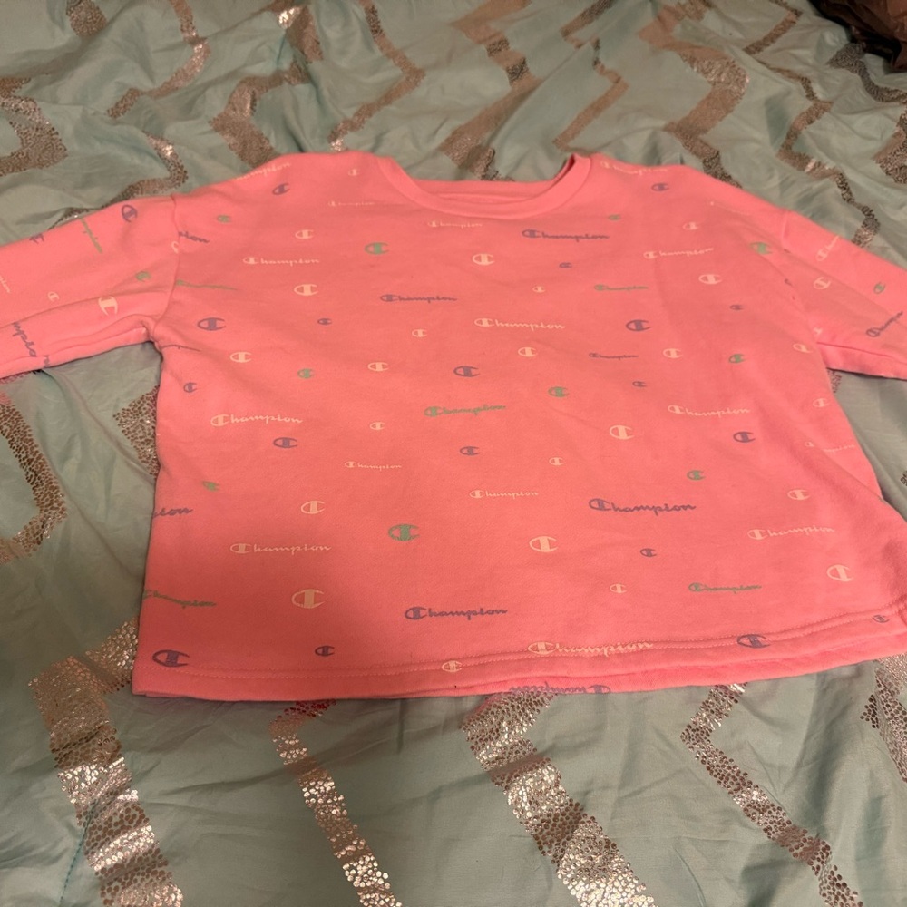 Light Pink Champion Crewneck with pastel logos, girls XL